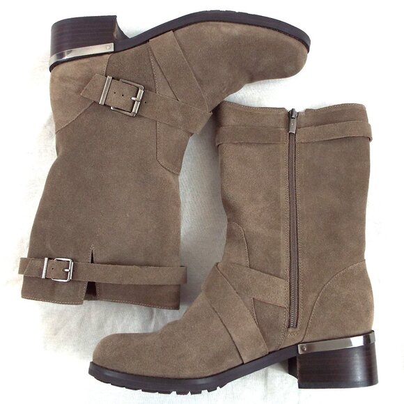 Vince Camuto Walleya Taupe Suede Leather Buckle Zip Moto Mid-Calf Boots Size 9.5 - Picture 3 of 11